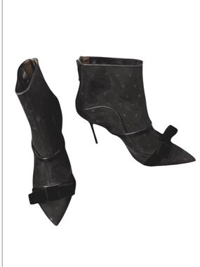 Malone Souliers Claudia By Ray Luwolt Italy Mesh Velvet Bow Pointy Toe Booties